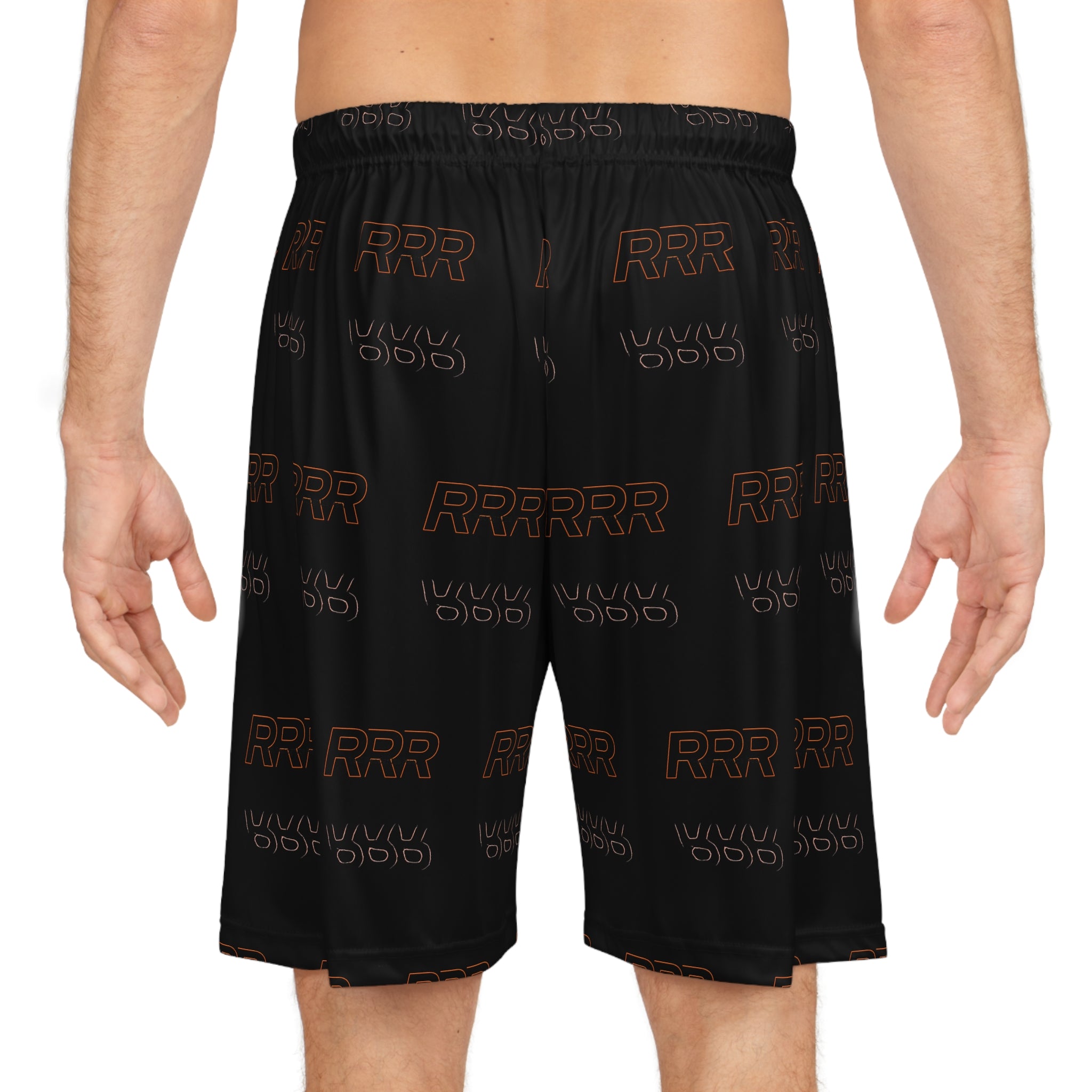 Black AOP Basketball Shorts with Repeating "RRR" Typography — Athletic Streetwear