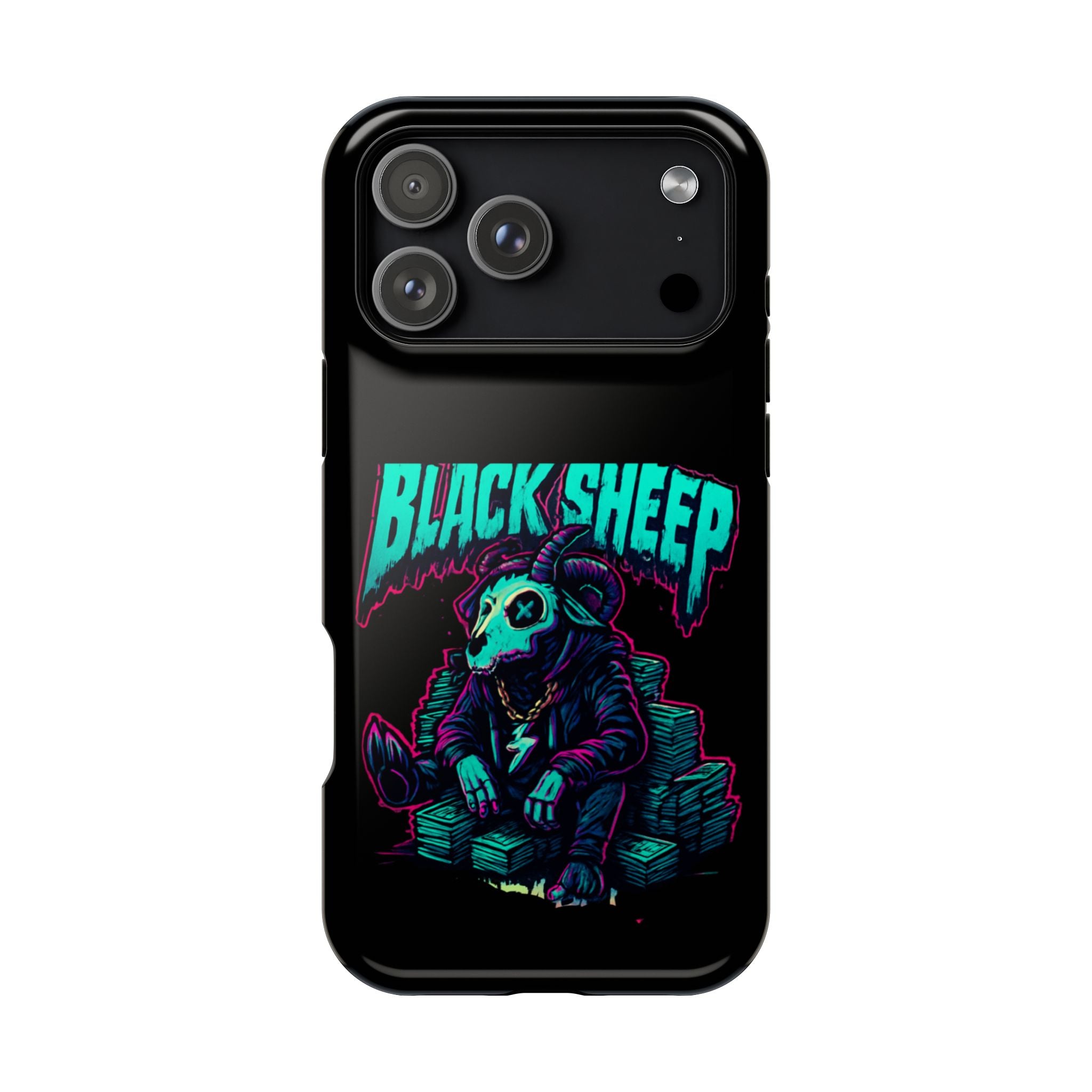 Impact-Resistant Phone Case — “Black Sheep” Neon Skull Design