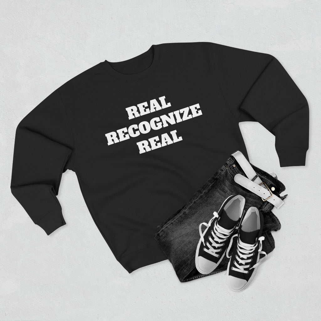 Crewneck Sweatshirt — "Real Recognize Real" Retro Triple R Graphic