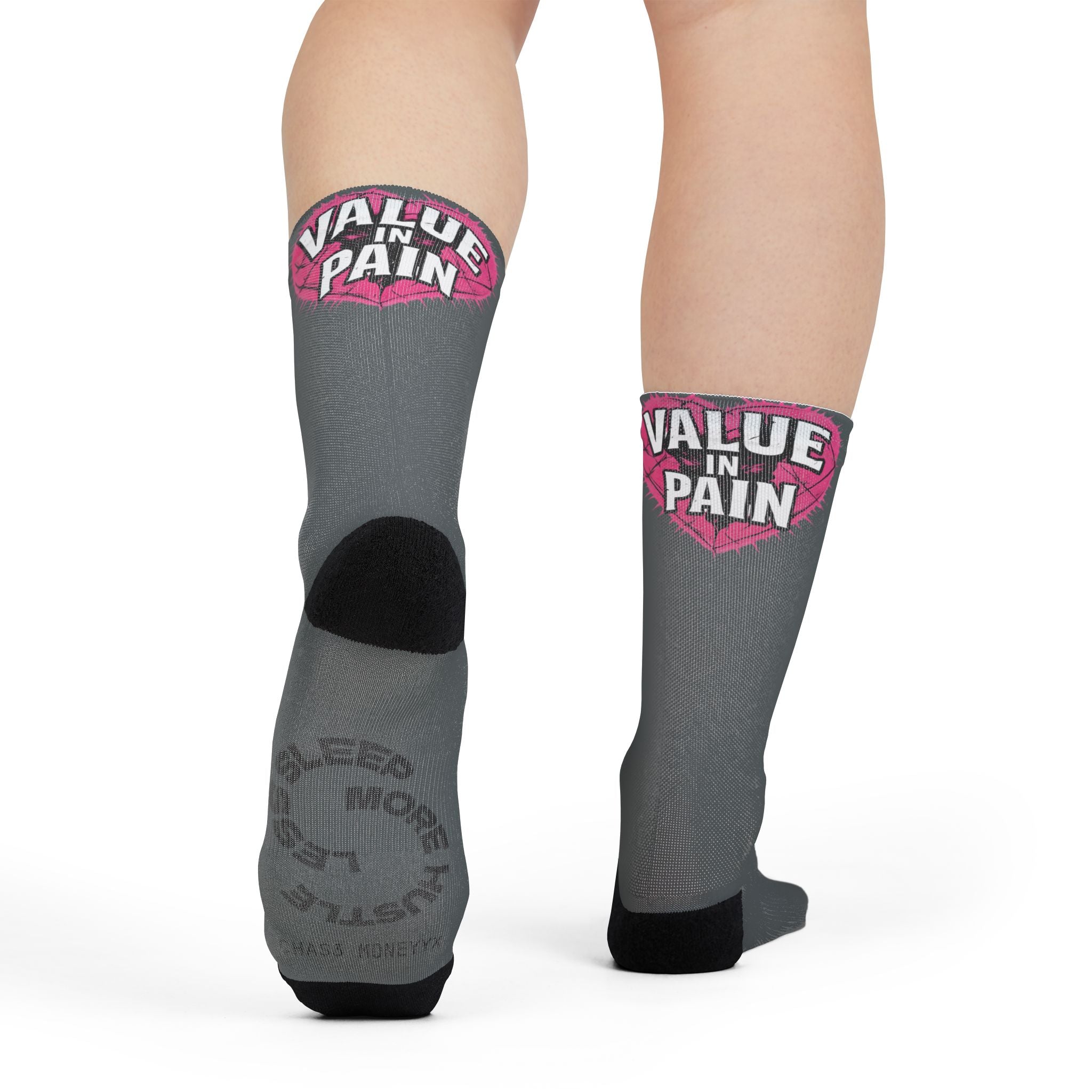 Value In Pain Crew Socks – Grey Sublimation Athletic Socks with Pink Heart Logo