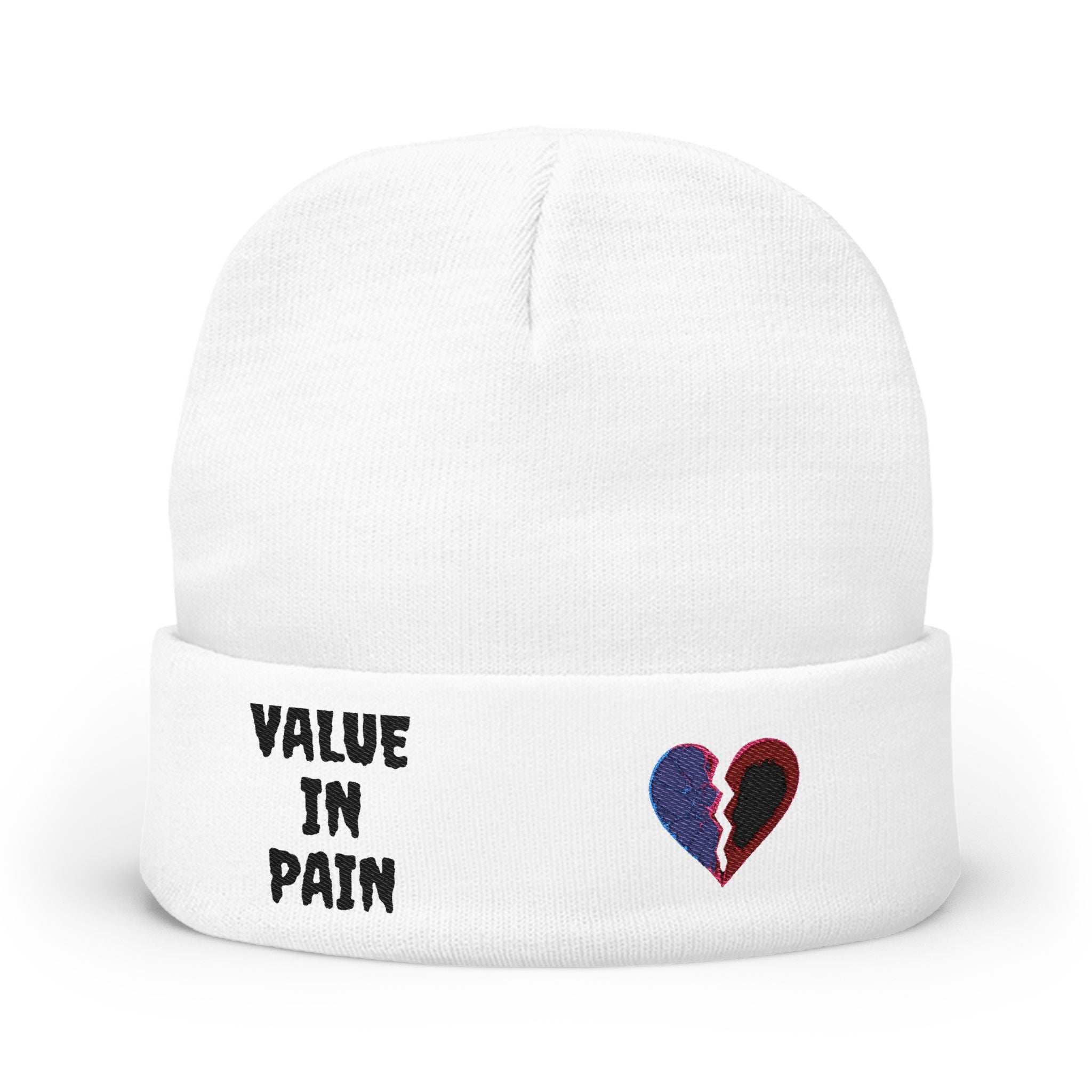 Embroidered 'Value in Pain' Knit Beanie — Broken Heart Winter Hat