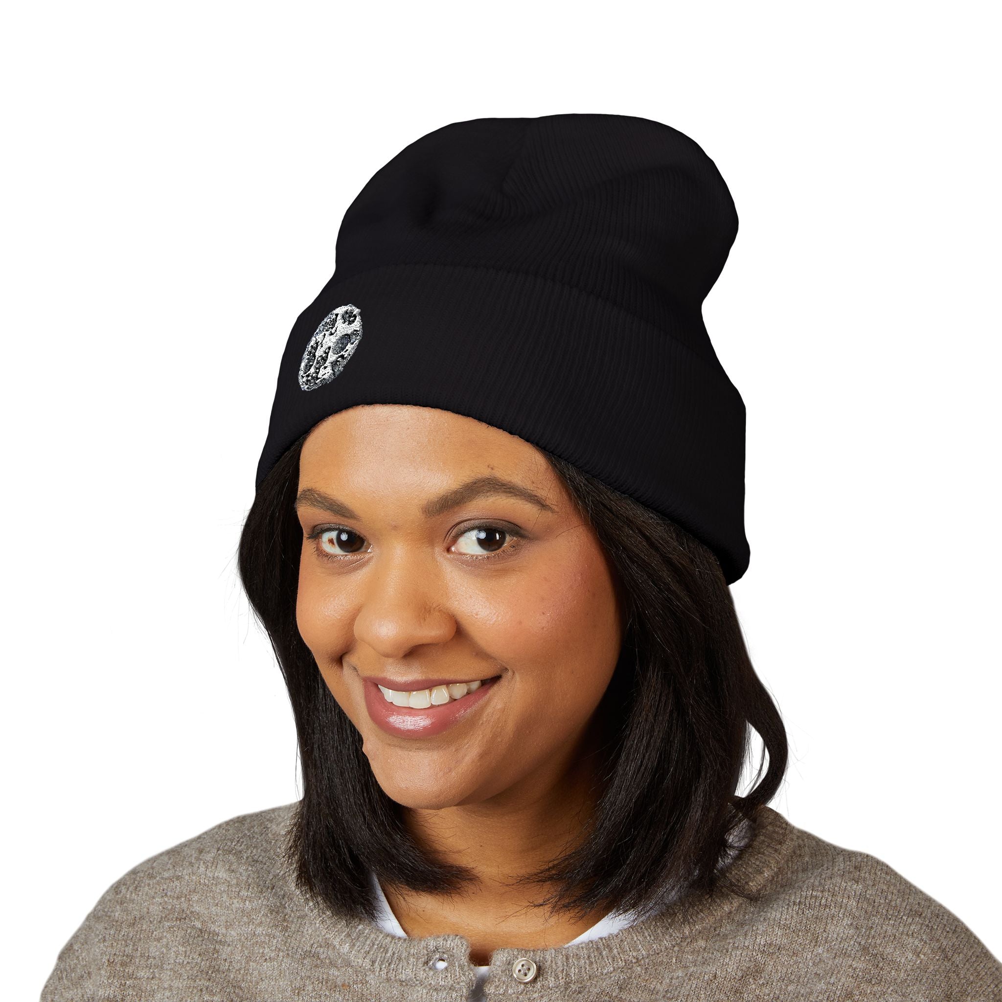 Embroidered DIFFERENT BREED [DB] ABBREVIATED Moon Patch Cuffed Beanie — Cozy Yellow Knit Winter Hat