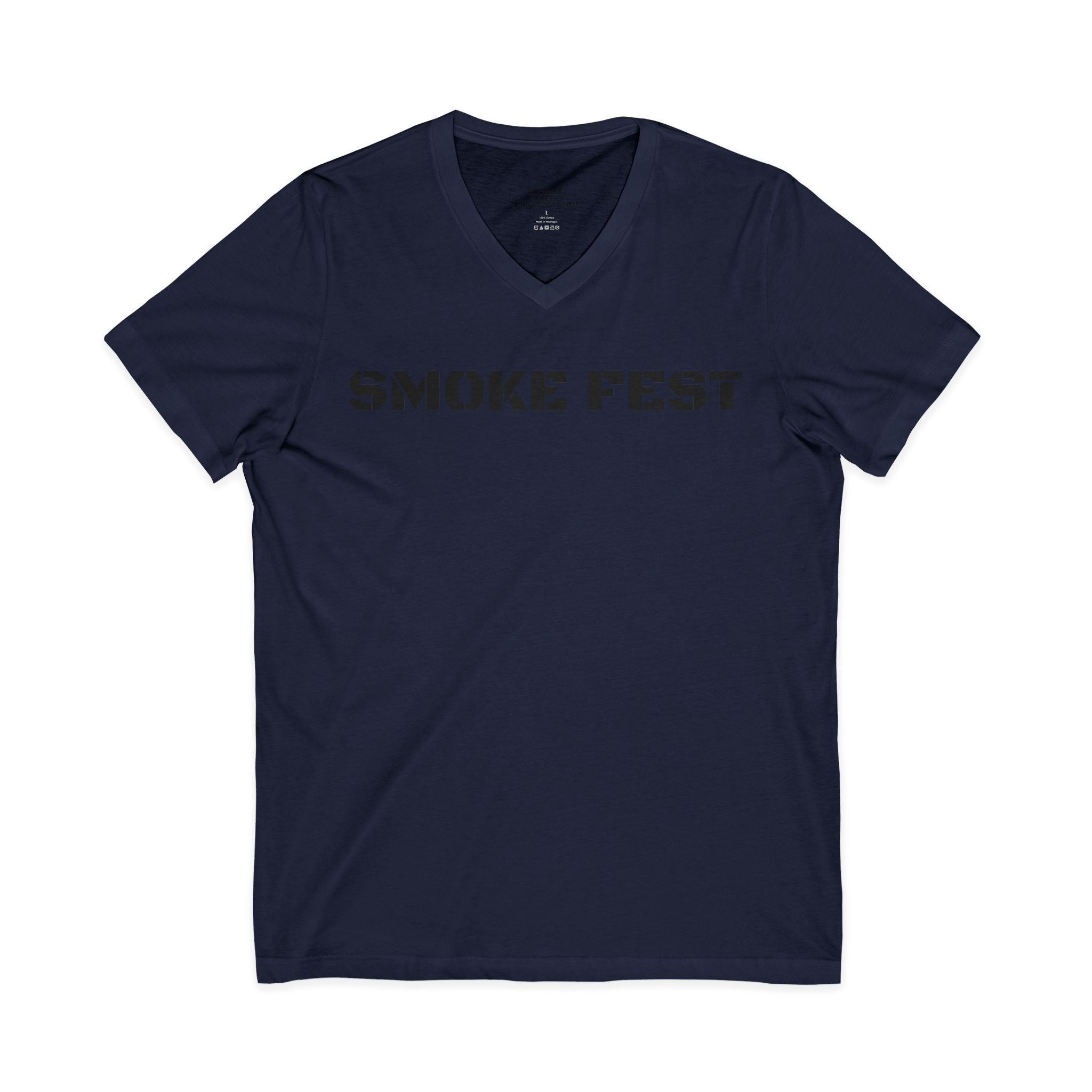 Smoke Fest V-Neck Tee — Bold Stencil Text T-Shirt for BBQ & Festival Fans