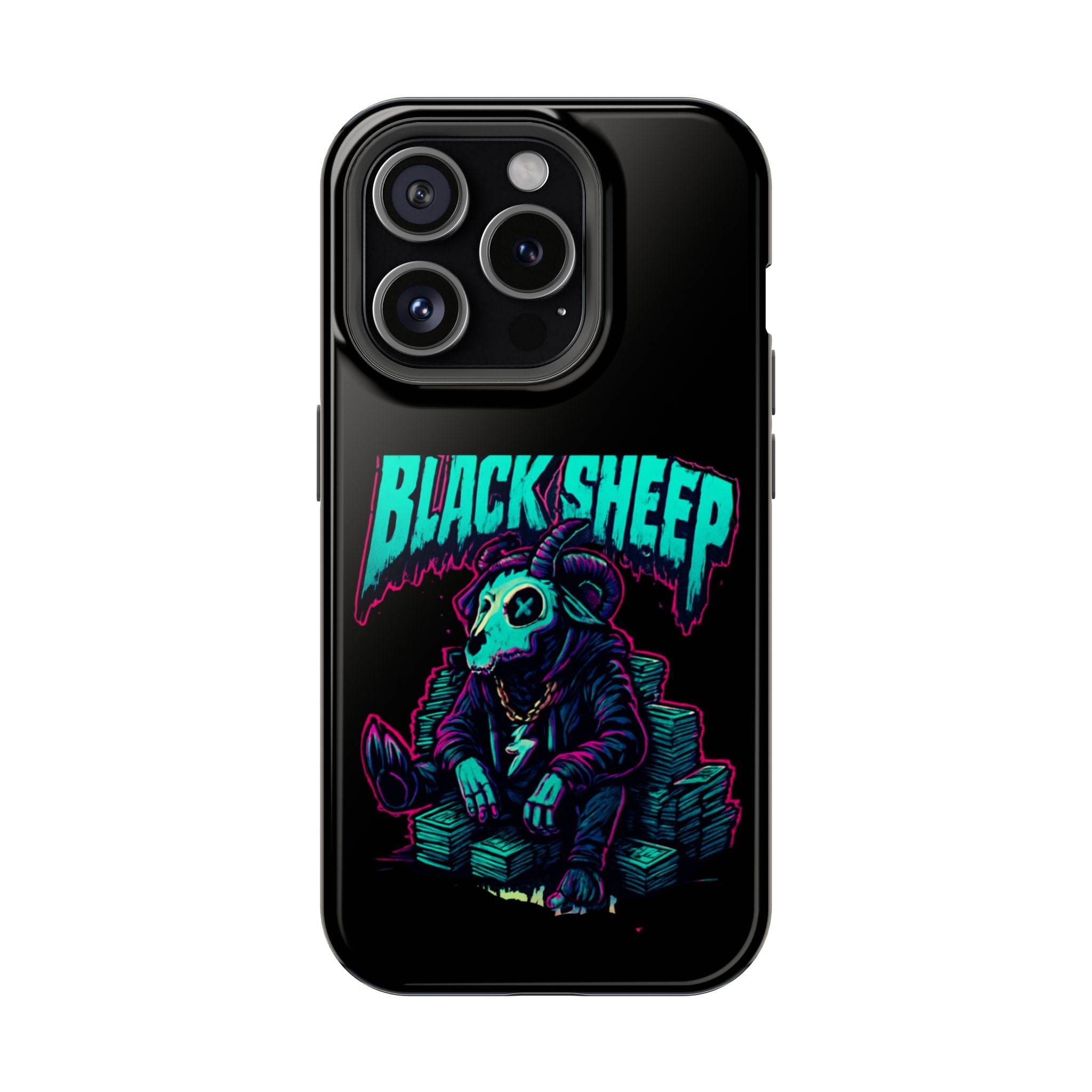 Impact-Resistant Phone Case — “Black Sheep” Neon Skull Design