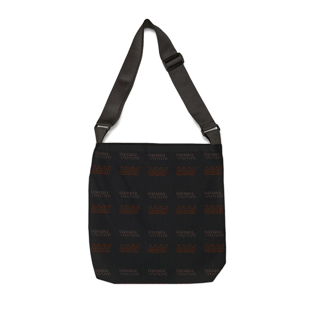 Adjustable Black Tote Bag with Repeating 'RRR' Graphic — Minimal Urban Shoulder Bag