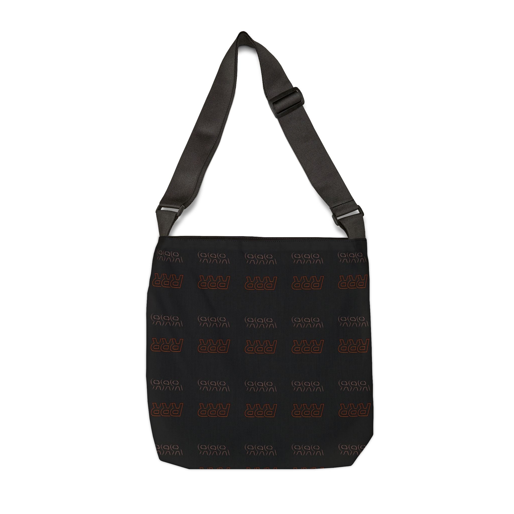 Adjustable Black Tote Bag with Repeating 'RRR' Graphic — Minimal Urban Shoulder Bag