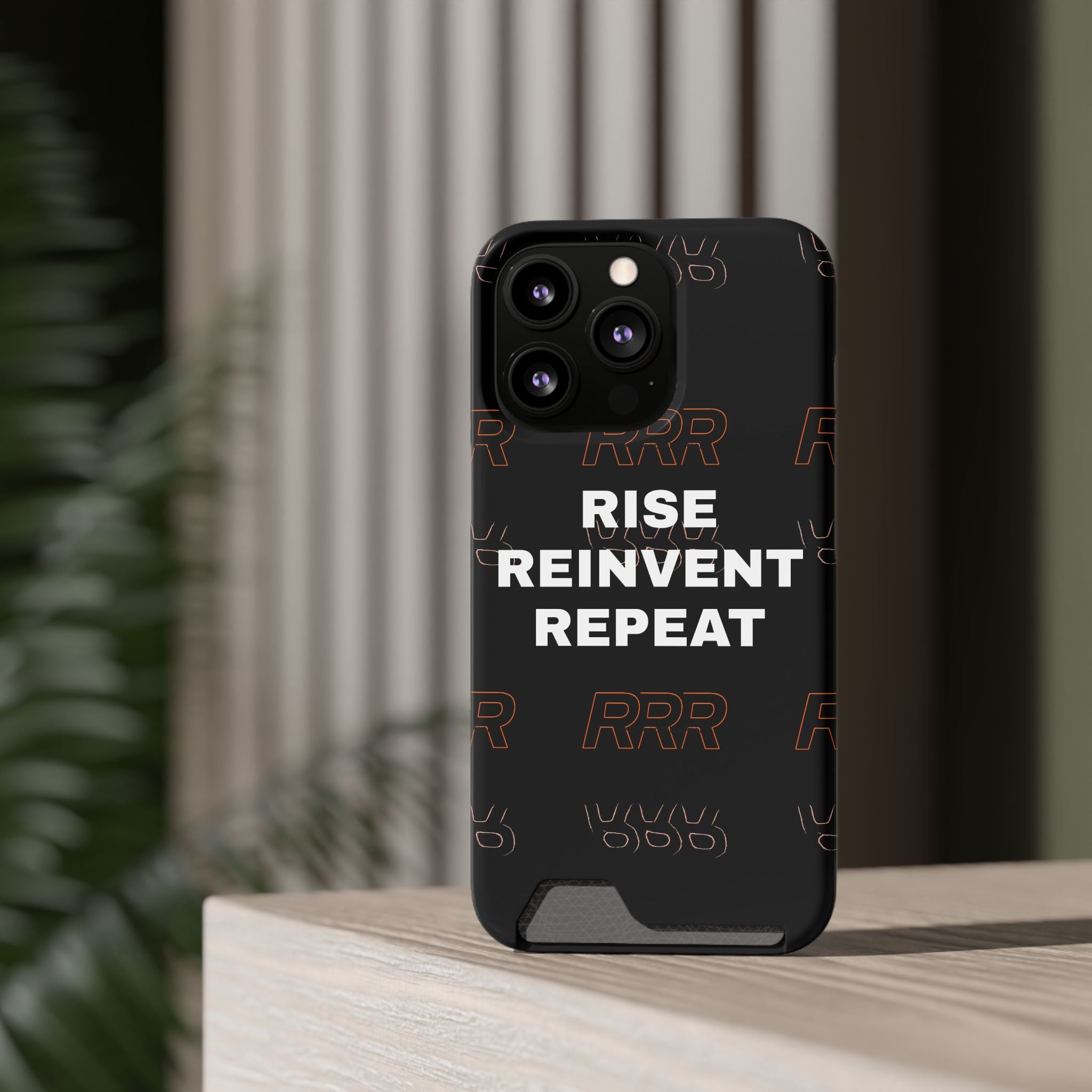 Rise Reinvent Repeat Phone Card Case — Slim Wallet Phone Case with Motivational Design