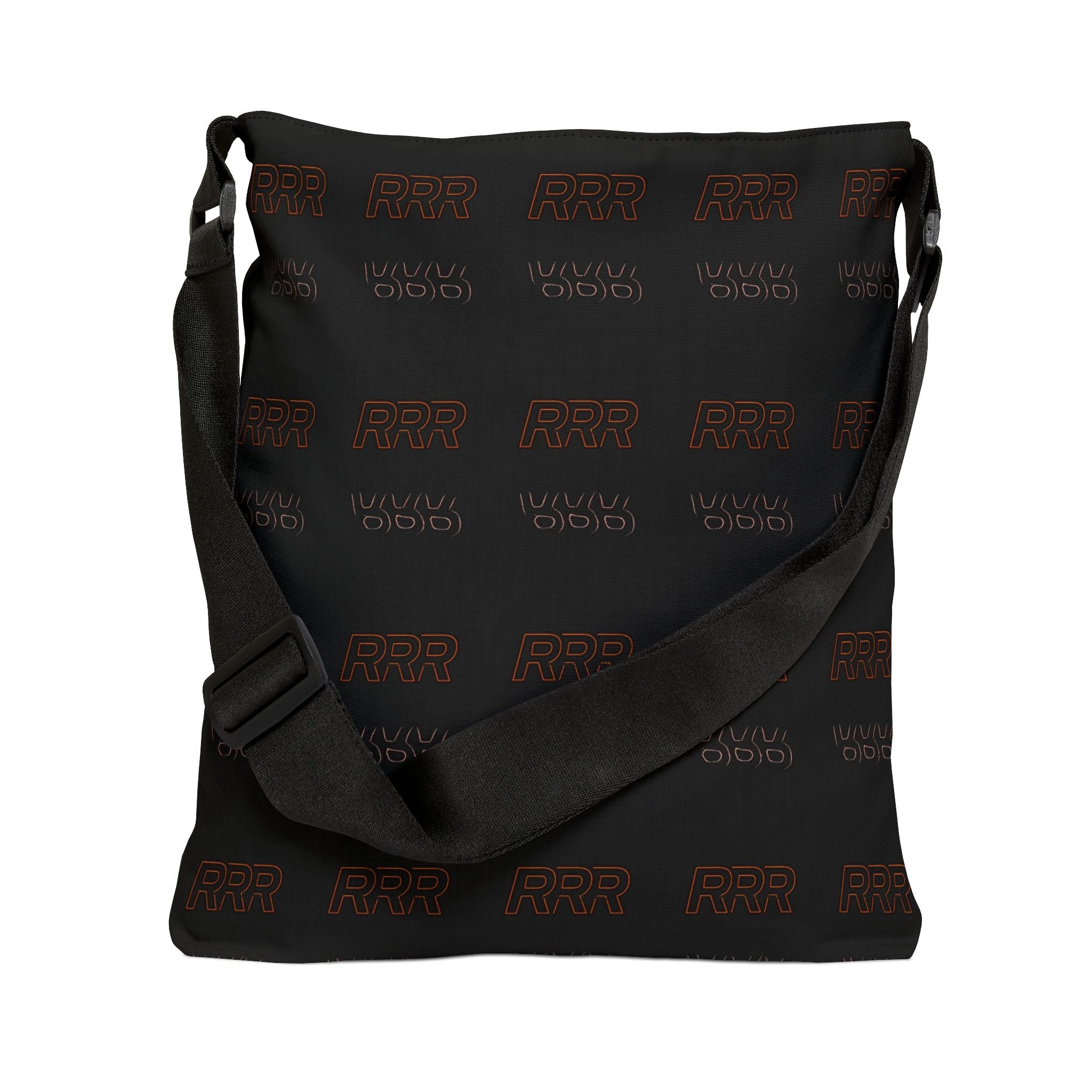 Adjustable Black Tote Bag with Repeating 'RRR' Graphic — Minimal Urban Shoulder Bag