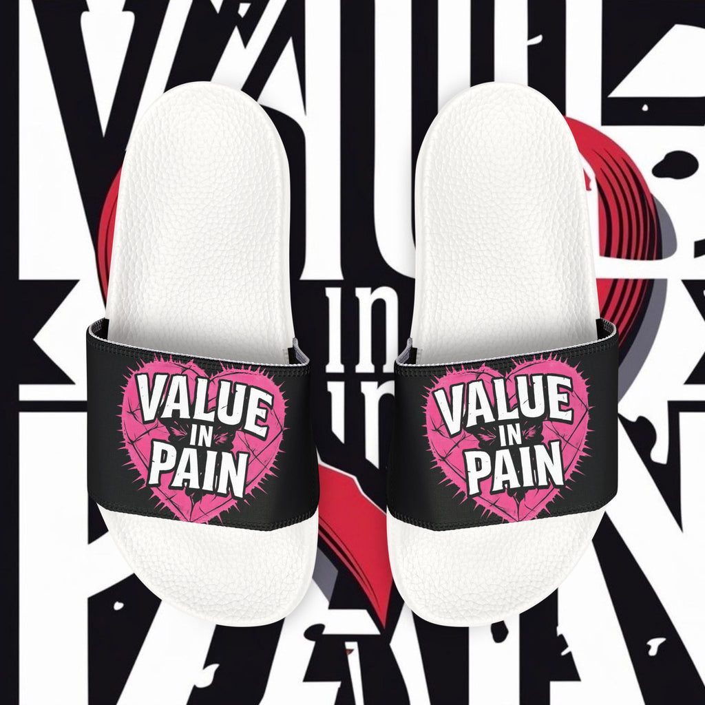 Slide Sandals — “Value in Pain” Graphic Pool Slides