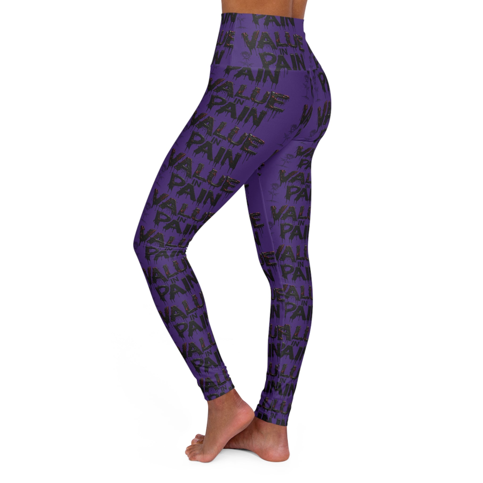 Value + Pain Purple High-Waist Yoga Leggings – Motivational All-Over Print