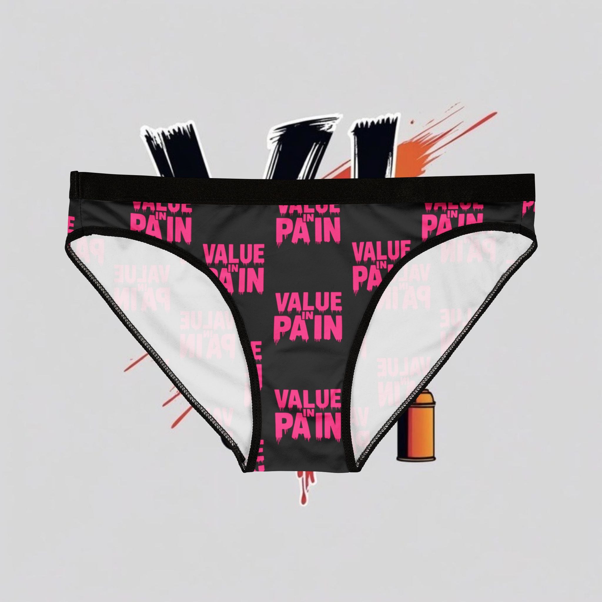 Value Pain Women's Bikini Briefs — Black & Pink Repeating Text Pattern