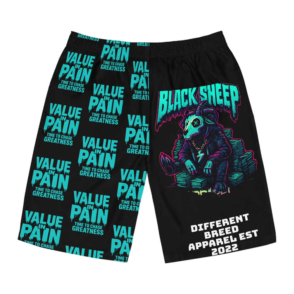 Board Shorts — 'Black Sheep' Graphic All-Over Print Swim Trunks with 'Value in Pain' Pattern