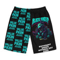 Board Shorts — 'Black Sheep' Graphic All-Over Print Swim Trunks with 'Value in Pain' Pattern