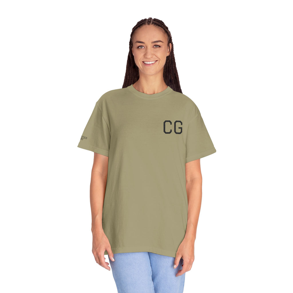 CG Chest Logo T‑Shirt — Minimalist White Tee with Sleeve Patch