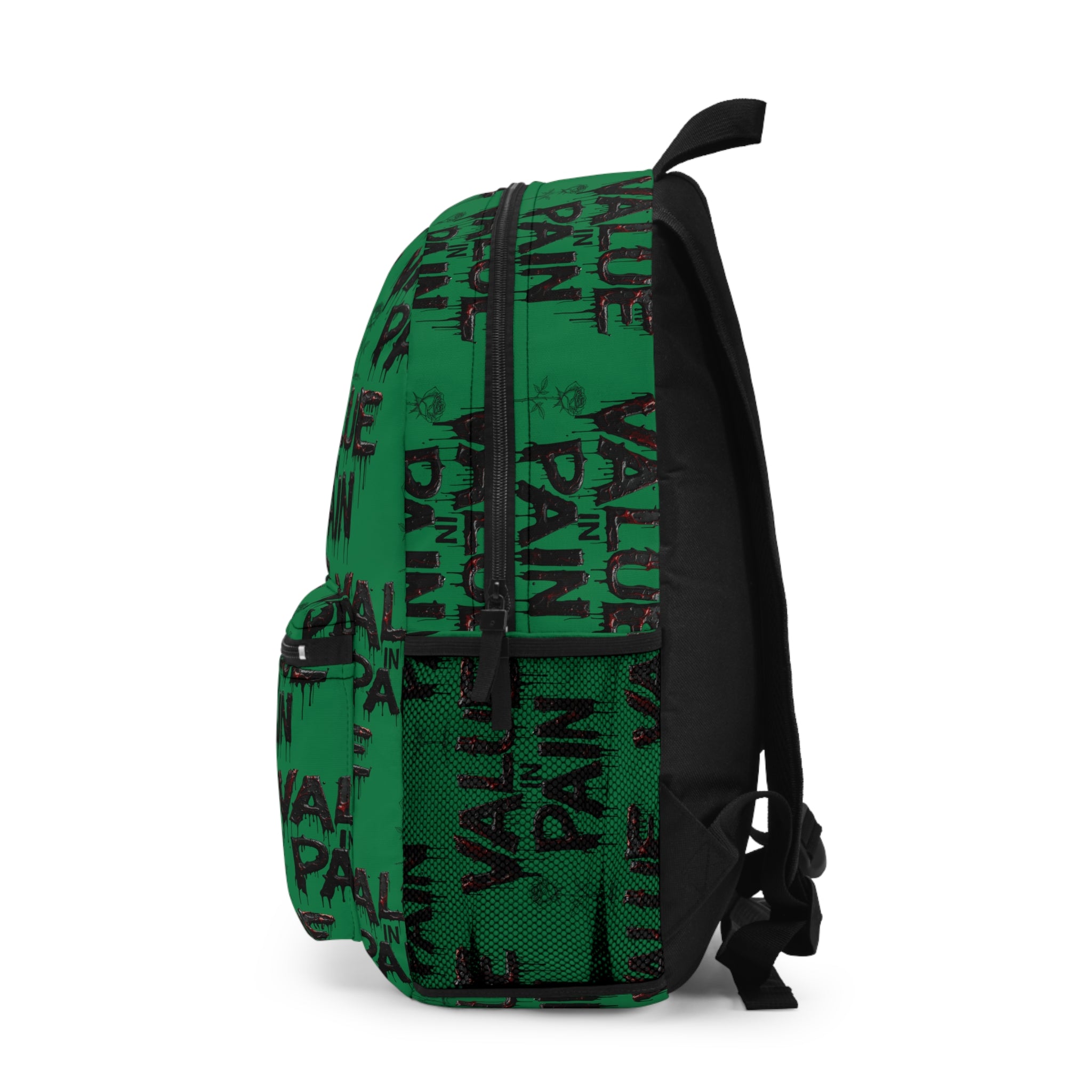 Backpack — Green "Value in Pain" Graphic Backpack, Edgy Streetwear Bag for Teens & Alternative Fashion