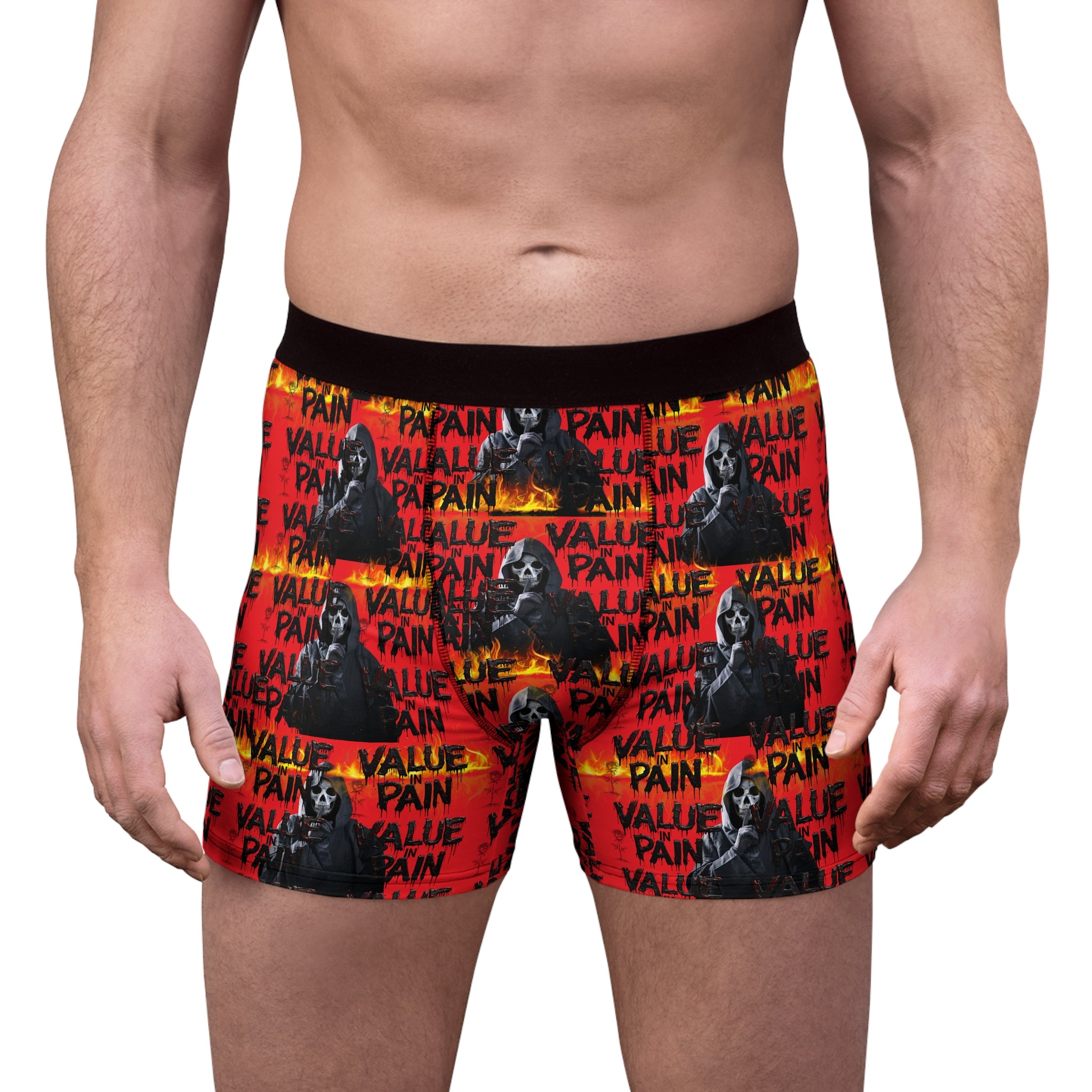 Men's Boxer Briefs — Red Grim Reaper Flame Pattern with “VALUE PAIN” Text