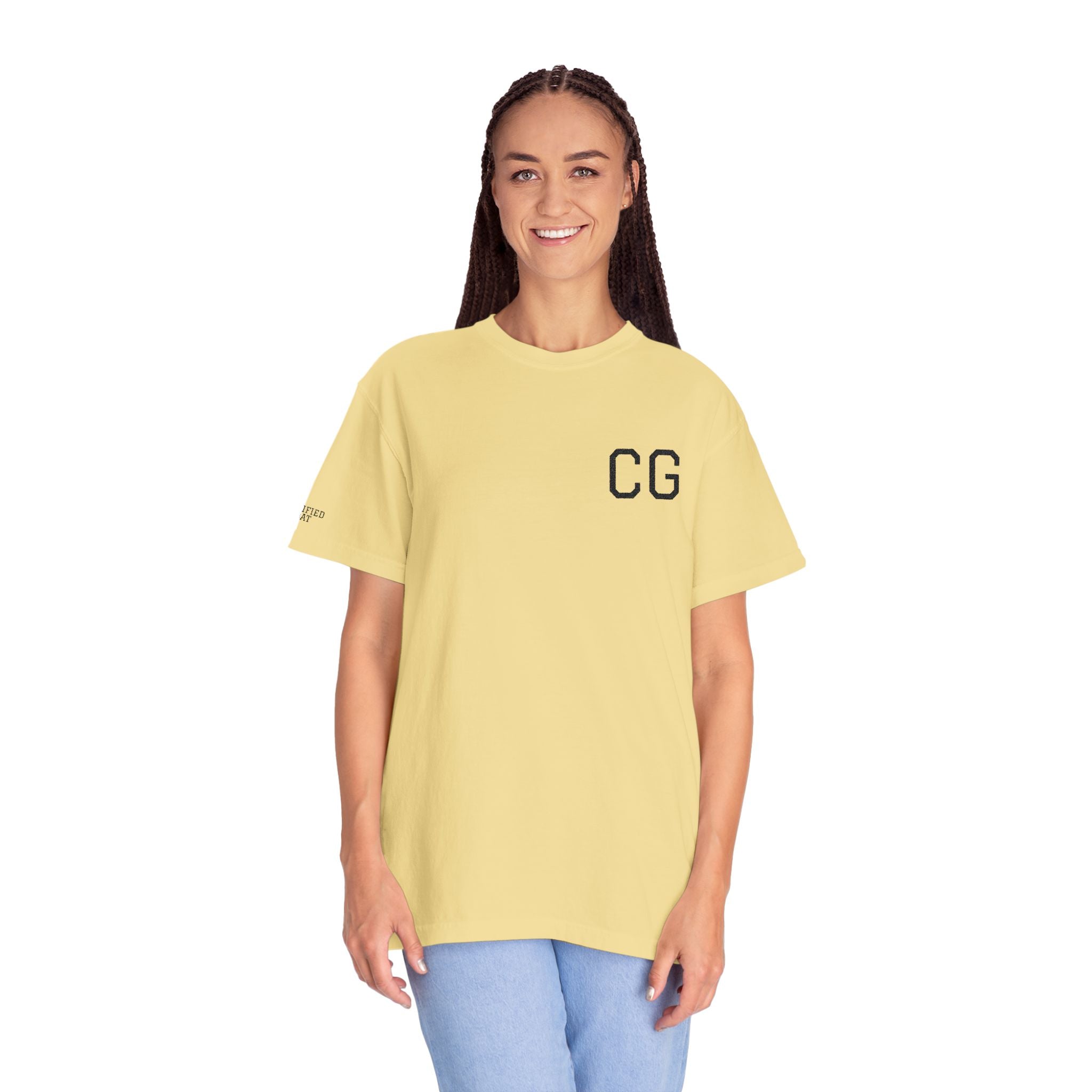 CG Chest Logo T‑Shirt — Minimalist White Tee with Sleeve Patch