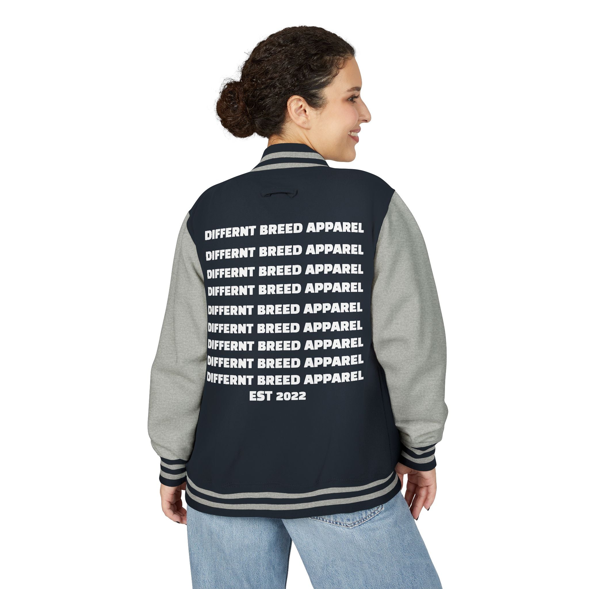 Letterman Jacket — Small Neon Portrait Patch & Repeated 'Different Breed Apparel' Back Print