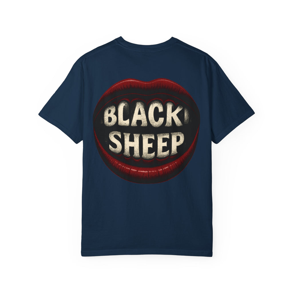 Black Sheep T-Shirt — Bold Back Lip Graphic & Front Text